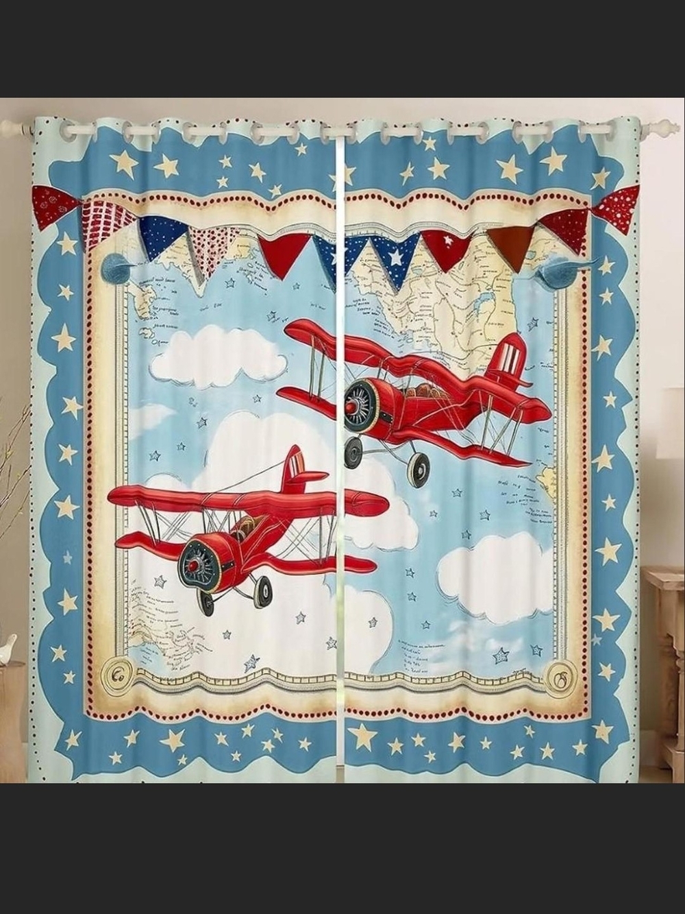 Children's Red Airplane Curtain Panel Set